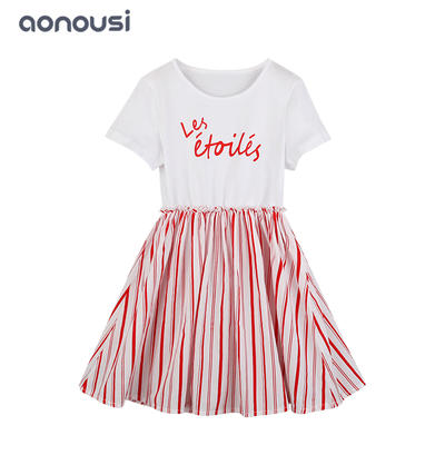 Girls Summer Dress white t shirt and red Vertical stripes skirt one piece wholesale girls dresses