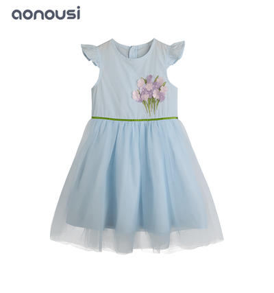 China wholesale girls clothing children comfortable dresses  girls  blue flowers pattern sleeveless lace dress