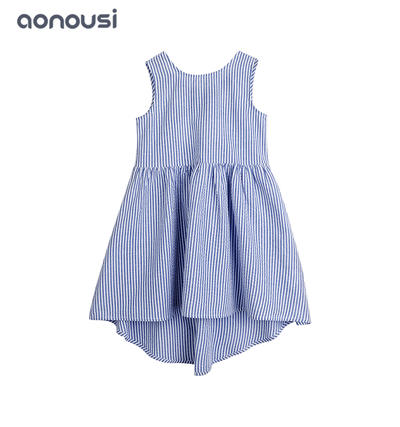 Children clothing pure cotton striped girls dresses sexy back design blue dress wholesale girls clothes