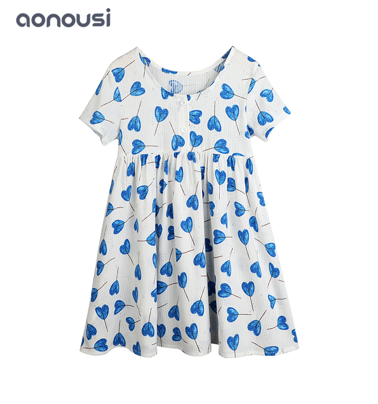 wholesale girls fashion clothing Lovely girls dress heart blue dresses children short sleeves dresses