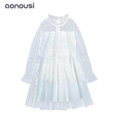 Wholesale girls fashion clothing winter fall children dresses princess dresses white lace long sleeves dresses