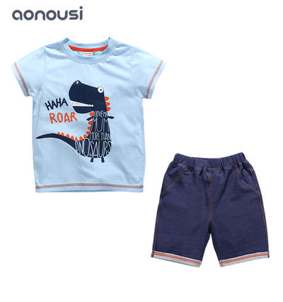 2019 Korean version summer boy clothes gray suits dinosaur printing t shirt and dark blue shorts boys wholesale
