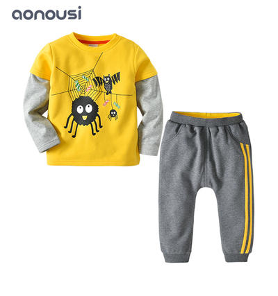 Boys sets 2019 new design yellow casual shirt hoodie gray sport pants warm sets boys wholesale