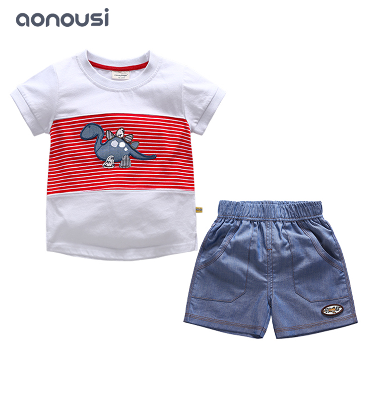 Summer new style sets 2019 boy kids cartoon dinosaur short sleeves shirt and shorts two pieces boys suits wholesale