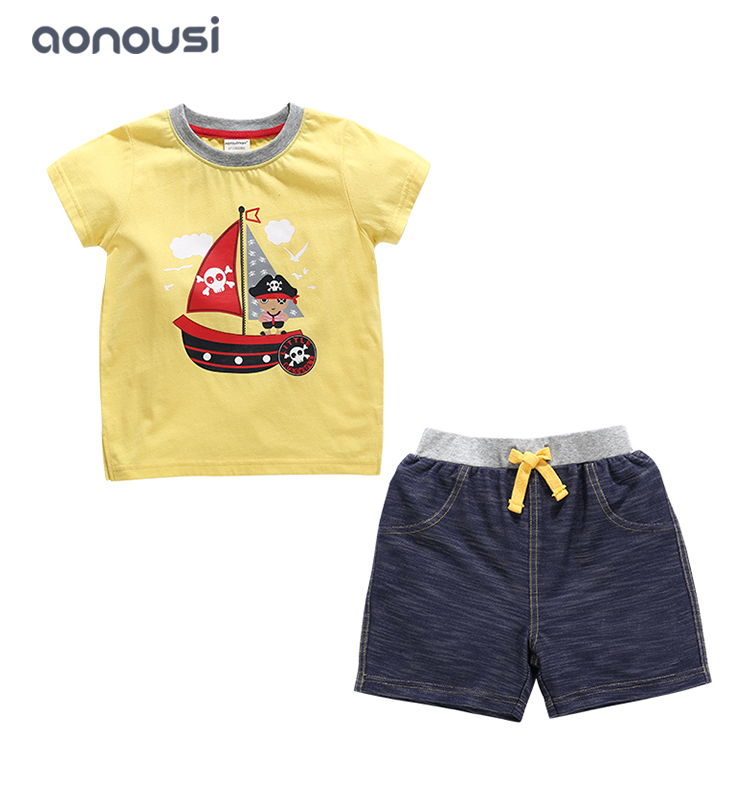 2019 Summer kid clothing fashion short sleeves yellow shirt and blue shorts two pieces suits boys wholesale