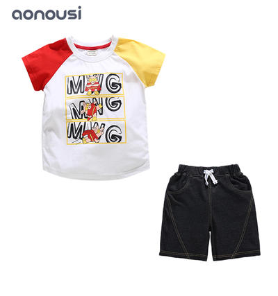 Fashion boys sets cartoon printing pattern shirt and denim shorts suits wholesale boys clothing suppliers