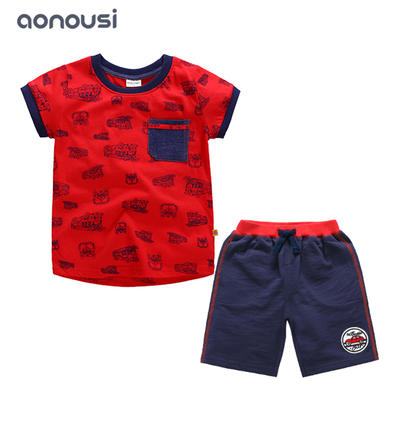 Children clothing summer boy suits red car shirt white smile t shirt and shorts boys suits wholesale