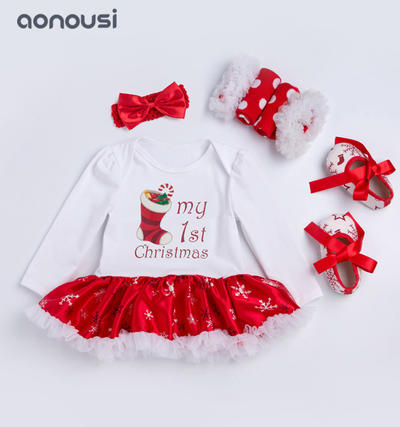 christmas children clothing snow printing pattern long sleeves dresses wholesale girls clothing suppliers