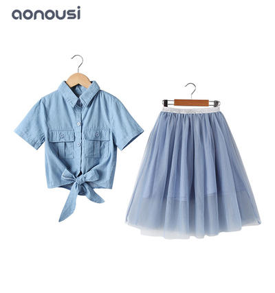 Kid clothes blue girls suits girls wholesale clothing supplier summer girls shirt and lace skirt
