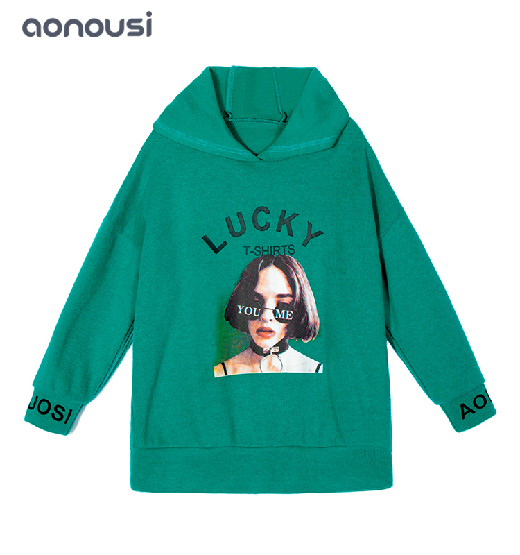 Girl clothing Autumn winter green hooded cool girl pullover letter printing hoodies wholesale girls clothes