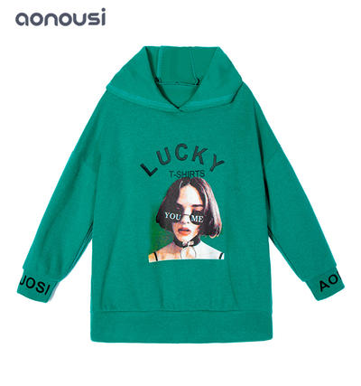 Girl clothing Autumn winter green hooded cool girl pullover letter printing hoodies wholesale girls clothes