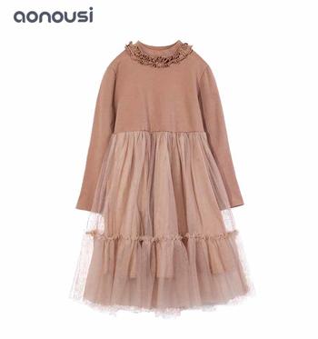 baby girls brown dress kids wholesale girls lace dresses flower collar long sleeves girls party dresses